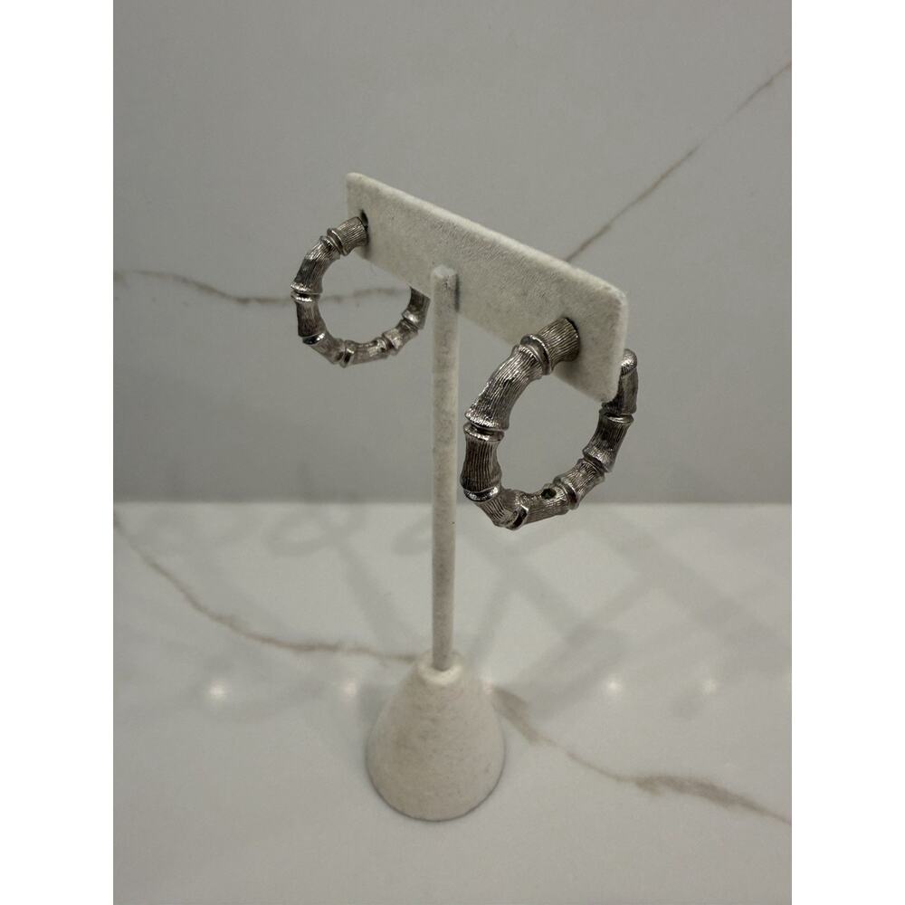 Vintage Signed Napier SilverTone Bamboo 1" Casual Retro Hoop Earrings Pierced 1”